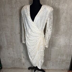 Filigree Vintage 80s Ivory Lace Wrap bridal wedding Dress Padded Shoulder 14